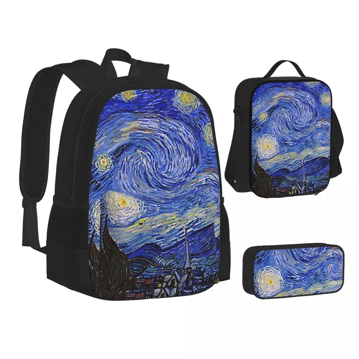 

The Starry Night By Vincent Van Gogh BackpacksBookbag Students School Bags Kids Rucksack Lunch Bag Pen Bag Three-Piece Set
