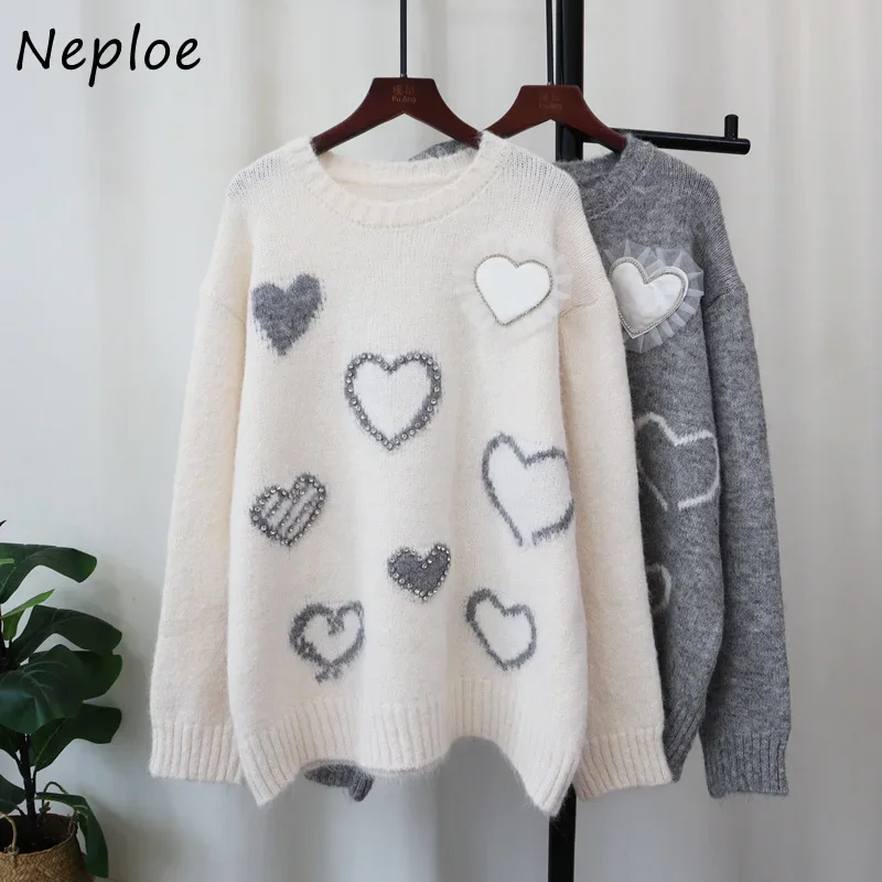 Neploe 2024 Autumn Winter Chic Heart-Shaped O-Neck Knitted Sweater Femme Korean Loose Soft Glutinous Sweet Gentle Pullovers