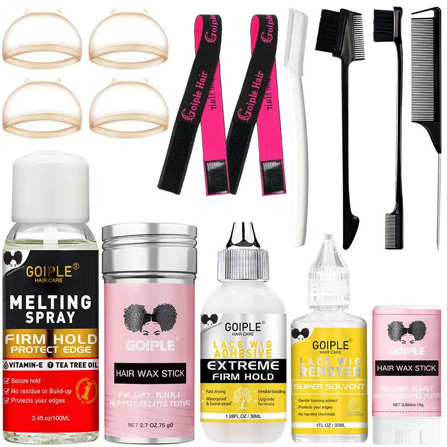 

Goiple Lace Melting Spray Kit with Wig Glue Hair Wax Stick Waterproof Strong Hold Invisible Bond Professional Wig Styling Set