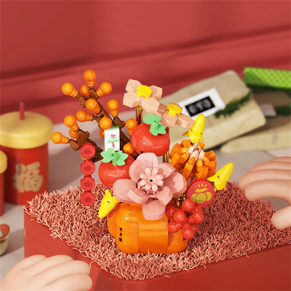 Creativity Bouquet Flower New Year Flower Basket Potted Home Decoration Assembled Micro Building Blocks Bricks Toys For Kids