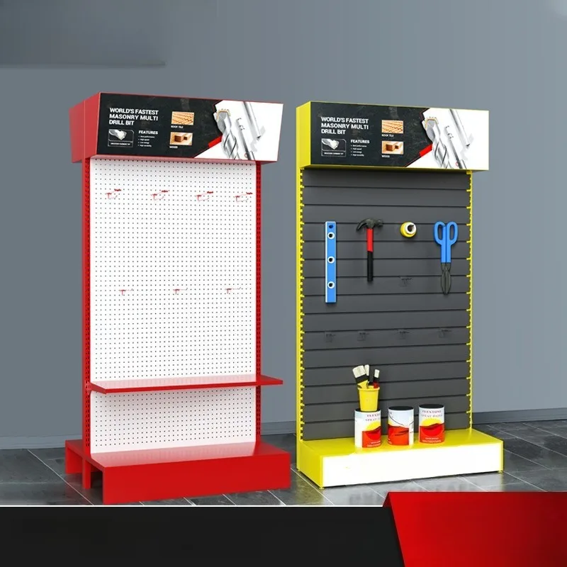 Supermarket metal display racks, exhibition hall commodity display shelves against wall side cabinets