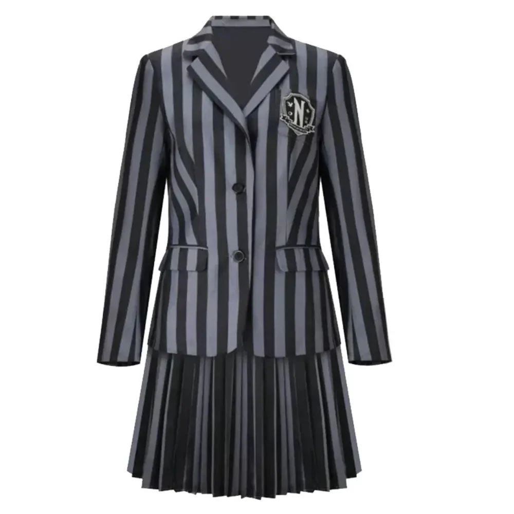 

Wednesday Inspired Women Cosplay Costume Elegant Black Coat Skirt Suit Set for Halloween Party Roleplay Gift
