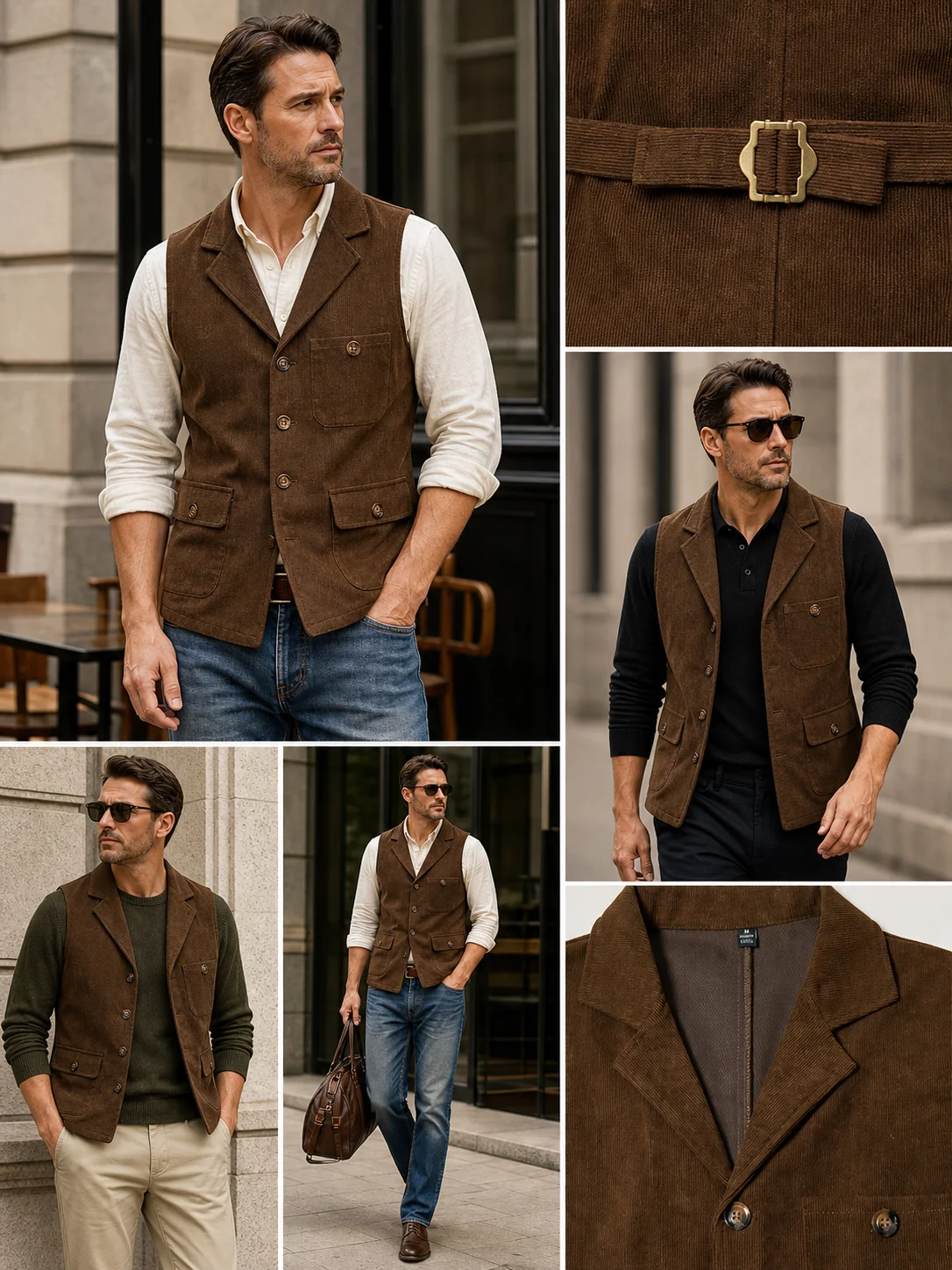 Herren Vintage Cord-Anzugweste mit Revers, Verstellbarem Rückengurt, Ärmellos, Business-Casual-Gilet mit Mehreren Taschen – Detail 1