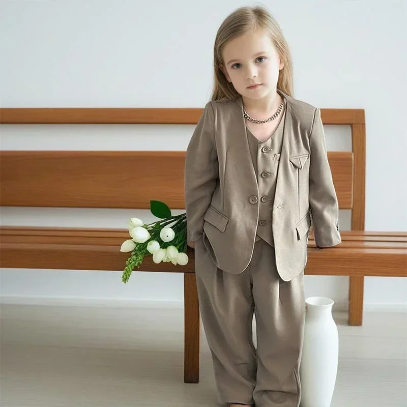 3 Piece Spring Autumn Kids School Uniform 2 To 13 Years Children Group Costume Girls Suit Pink Grey Casual Blazers Vest