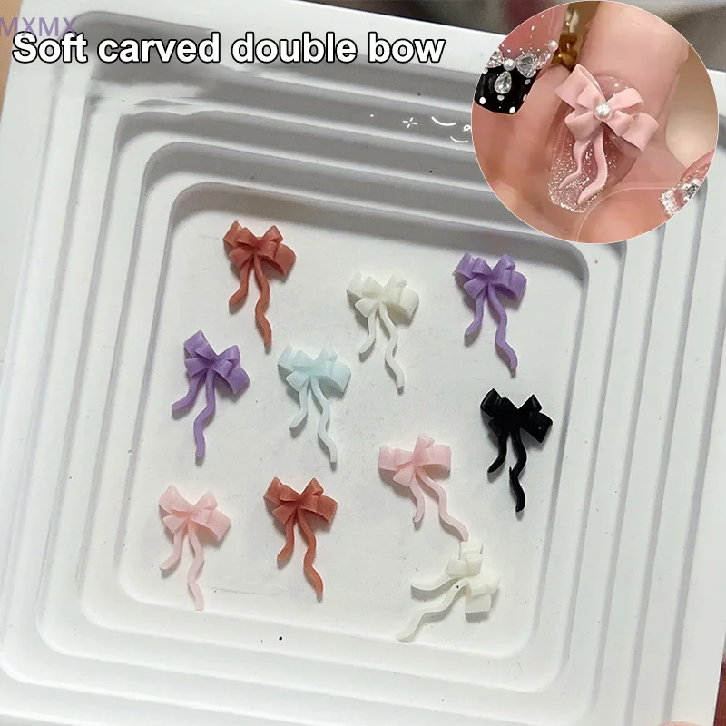 {MX} 10個入り 3Dダブルレイヤーリボンネイルチャーム ミニ樹脂製スイートリボンボウ ネイルアートラインストーン DIYマニキュアジュエリーパーツ