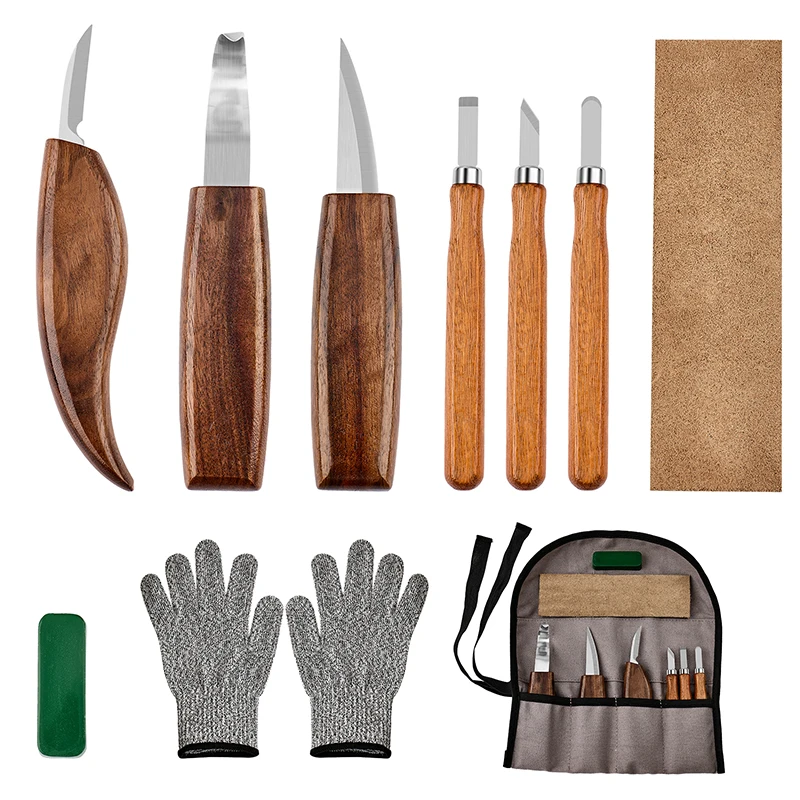 

10Pcs Wood Carving Tools Set with Detail Wood Carving Knife Wood Chisel Knife Gloves Carving Knife Sharpener for Spoon Bowl Cup