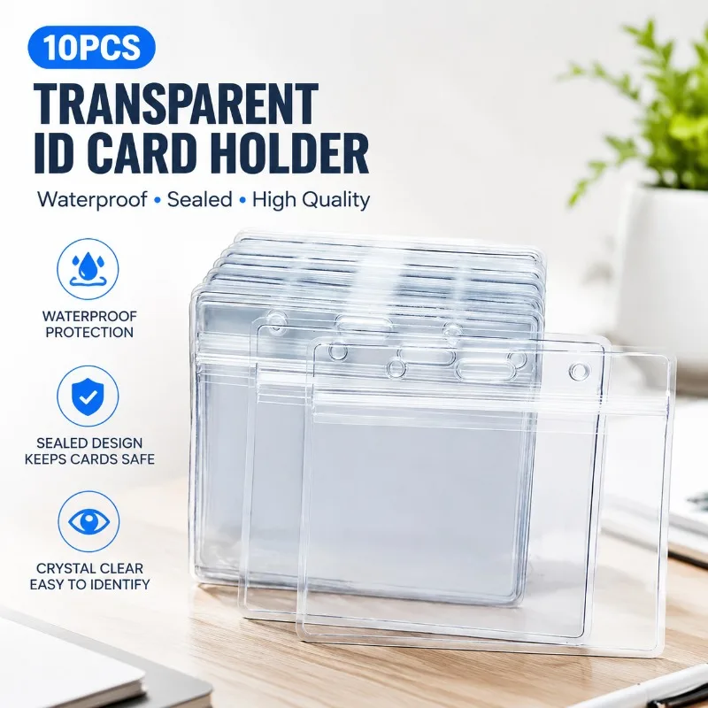 10pcs Transparent Horizontal ID Card Holder, Waterproof Sealed Badge, High Quality
