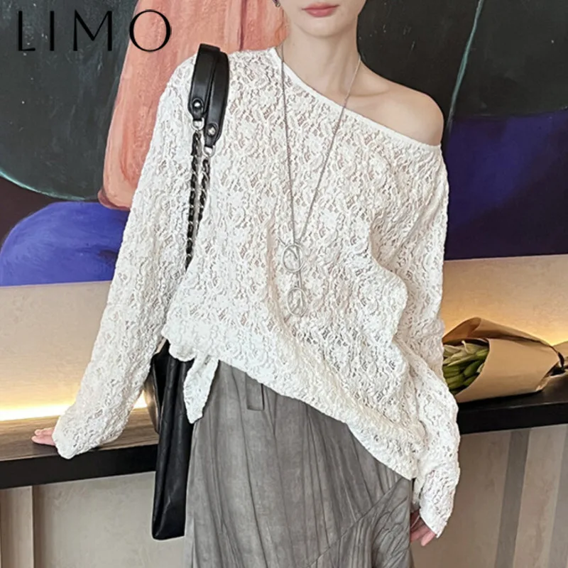 

LIMO Elegant Embroidery Lace Shirt Women's Casual Off-Shoulder Top - Breathable Hollow Out, Soft Slouchy Daily Blouse,Lazy Chic