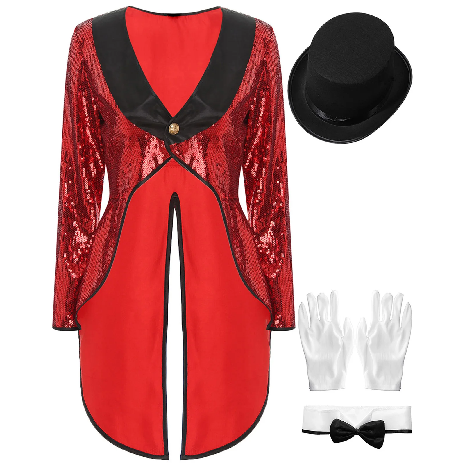 

Women Magician Circus Costume Ringmaster Showman Performance 4Pcs Outfit Long Sleeves Sequin Tailcoat with Hat Bow Collar Gloves