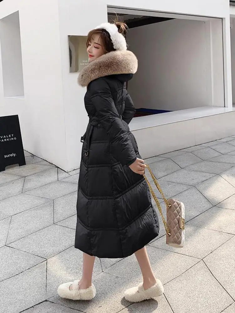Estilo coreano feminino preto branco manga comprida para baixo jaqueta de algodão com capuz bandagem casaco inverno cáqui escritório quente grosso parkas tendência