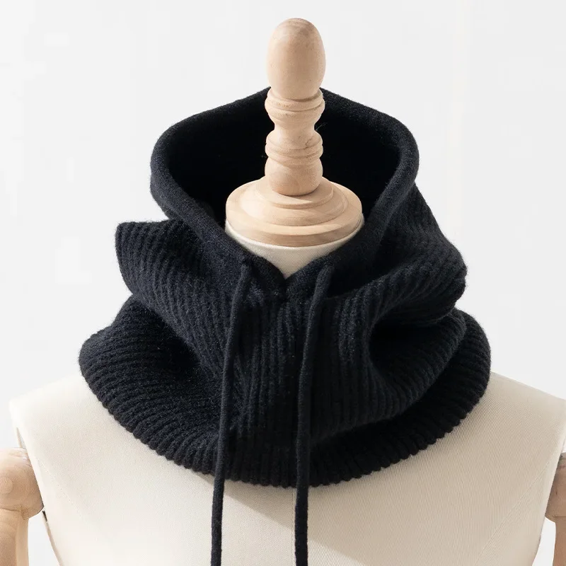 Wool Knit Scarf Hood Hat Set Women Neck Face Protect Ski Mask Balaclava Hat Skullies Beanie Bonnet Mask Collar Hooded Gorro