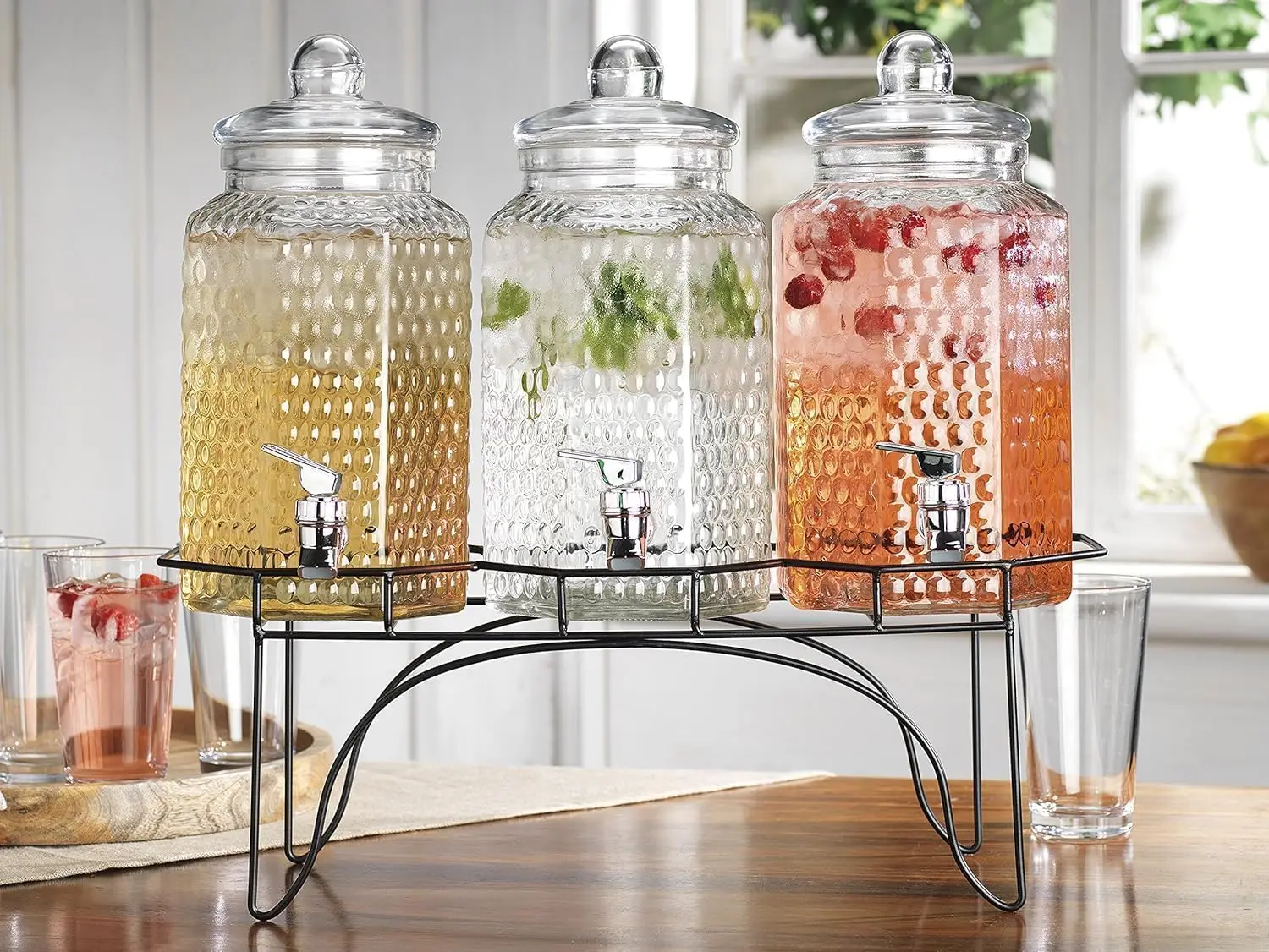3-Piece Glass Drink Dispenser Set with Preassembled Metal Stands – 1-Gallon Beverage Dispensers for Lemonade, Juice, Water, Iced Tea & Punch