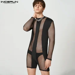 INCERUN 2024 Sexy Mesh Loungewear New Mens See-through Mesh Bodysuit Sexy Stylish Male Splicing Solid Long-sleeved Rompers S-5XL