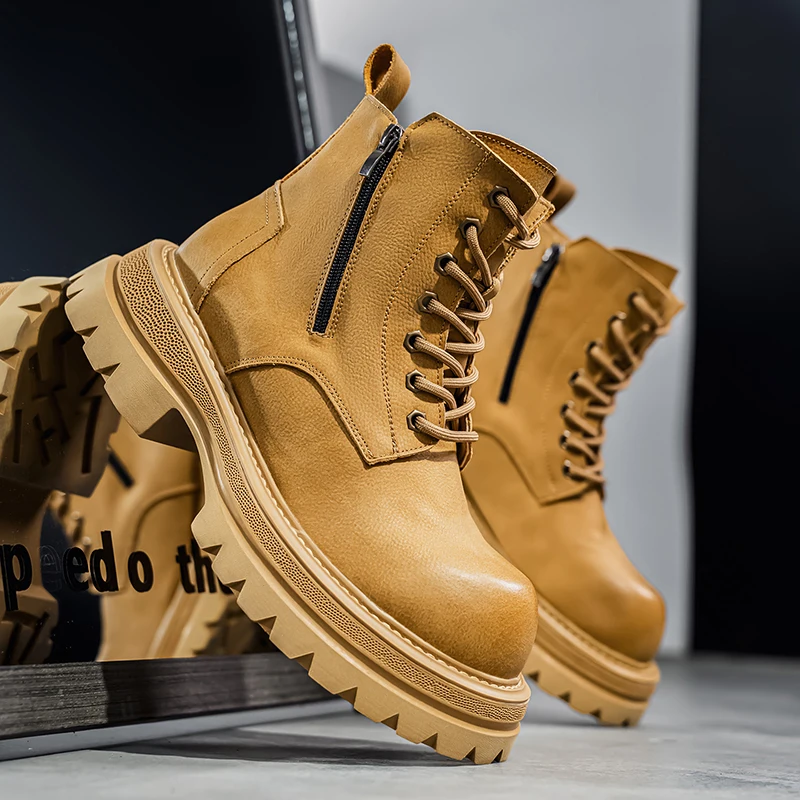 

Ankle Boots Round Toe Casual Hiking Footwear Motorcycle Men's Biker High Top Shoes Platform Outdoor Wear-Resistant Water Proof