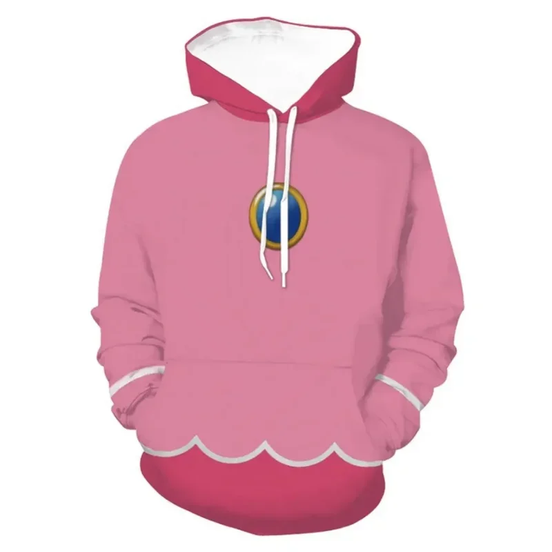 スーパーブラザーズ-男性と女性のための3Dプリントフード付きスウェットシャツ,カジュアルなゆったりとしたフード付きスウェットシャツ,ピンクのピーチプリンセスのスポーツウェア,ハロウィーンのコスプレ衣装