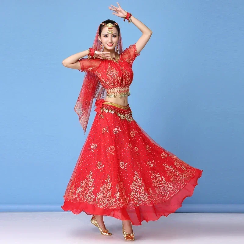 

Sari Indian Bollywood Dancewear Dress Costume Women Belly Dance Oriental Performance Clothes Chiffon Dance Set Top+Belt+Skirt