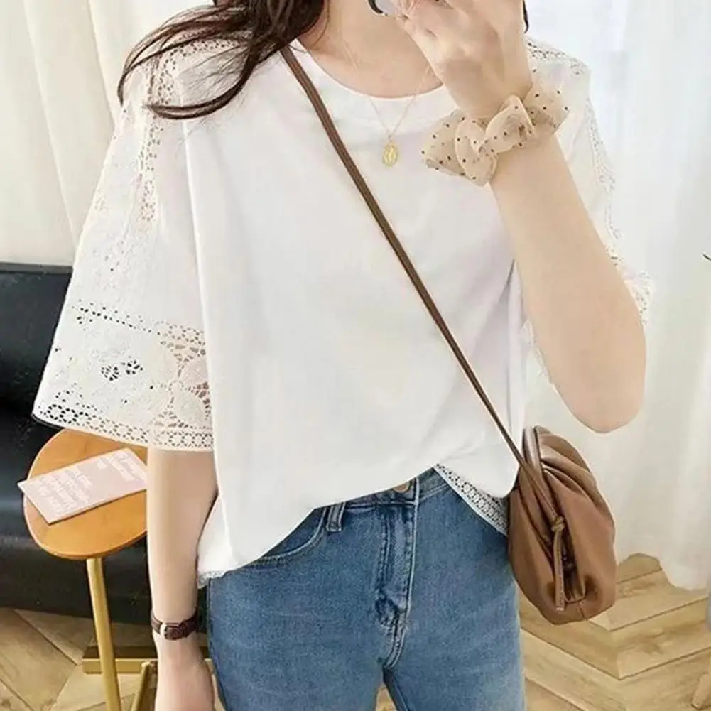 

Women Casual T-shirt Round Neck Hollow Lace Stitching Half Sleeve Pullover Tops Solid Color Loose Fit Summer Tops