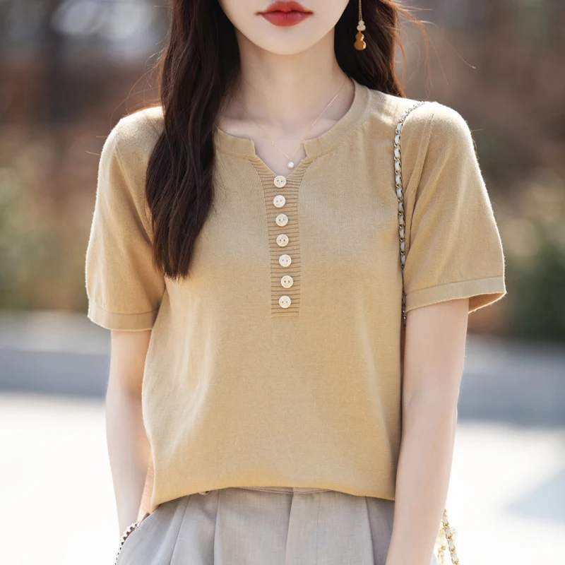 Women Pure Cotton Button Down Short Sleeve T Shirt Casual Summer Solid Color Knit Pullover Loose Round Neck Vest Tops  Blouse...