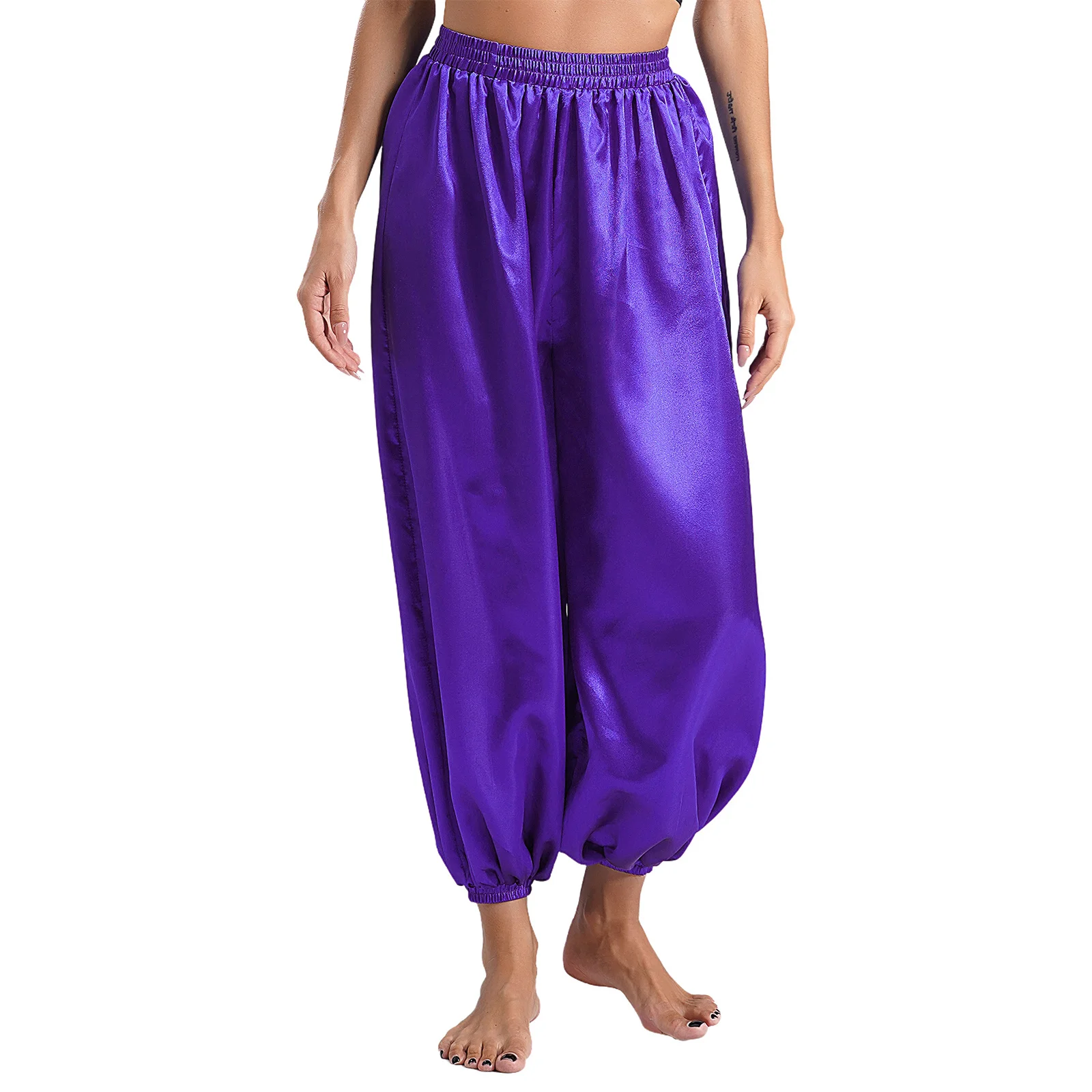 Pantaloni Harem tribali di danza del ventre da donna Pantaloni Bloomers larghi in raso tinta unita Costumi di danza cosplay per feste a tema Halloween