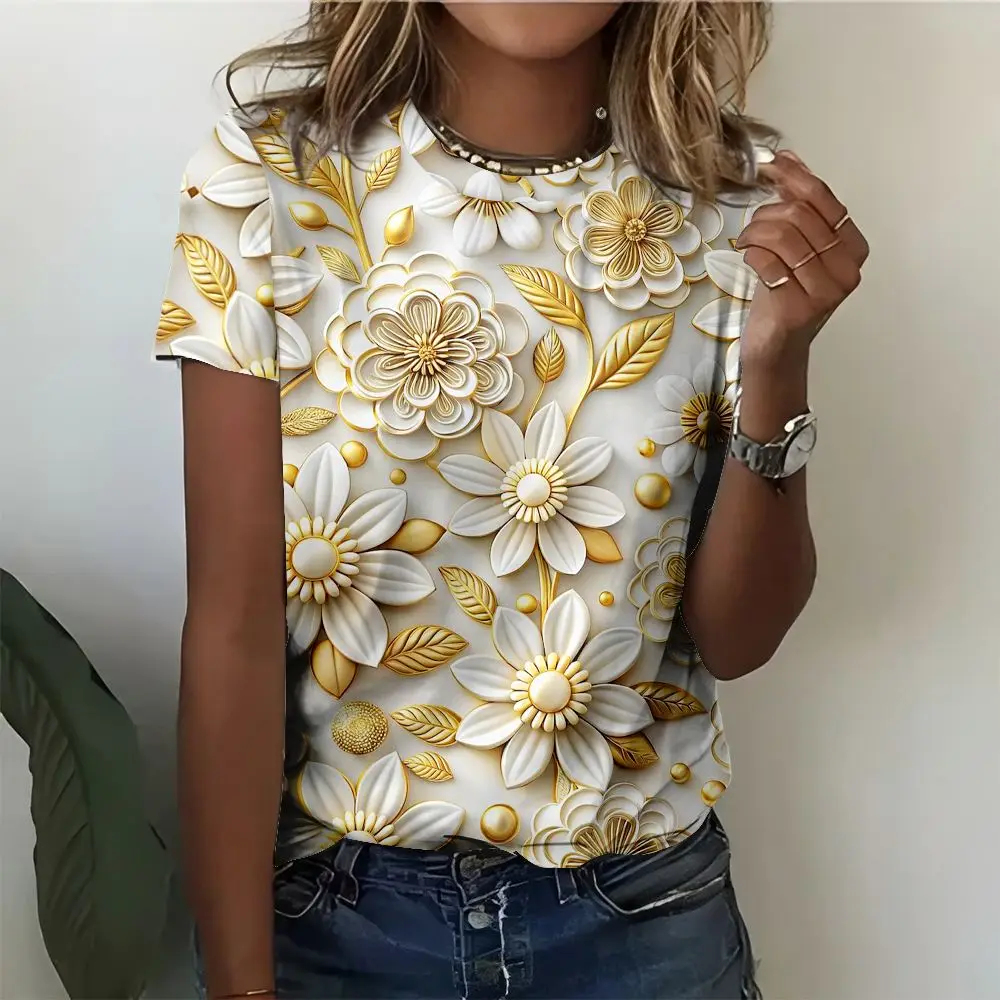 Maple Leaf T-Shirts Floral Abstract Face 3D Print Women Round Neck Short Sleeve T Shirt Tees Harajuku Y2K Tops Female Clothing