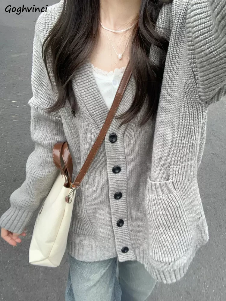 

Кардиган для женщин, винтажный однотонный свитер с v-образным вырезом и карманами, универсальные простые, нежные, свободные, осенняя верхняя одежда для колледжа, трикотаж