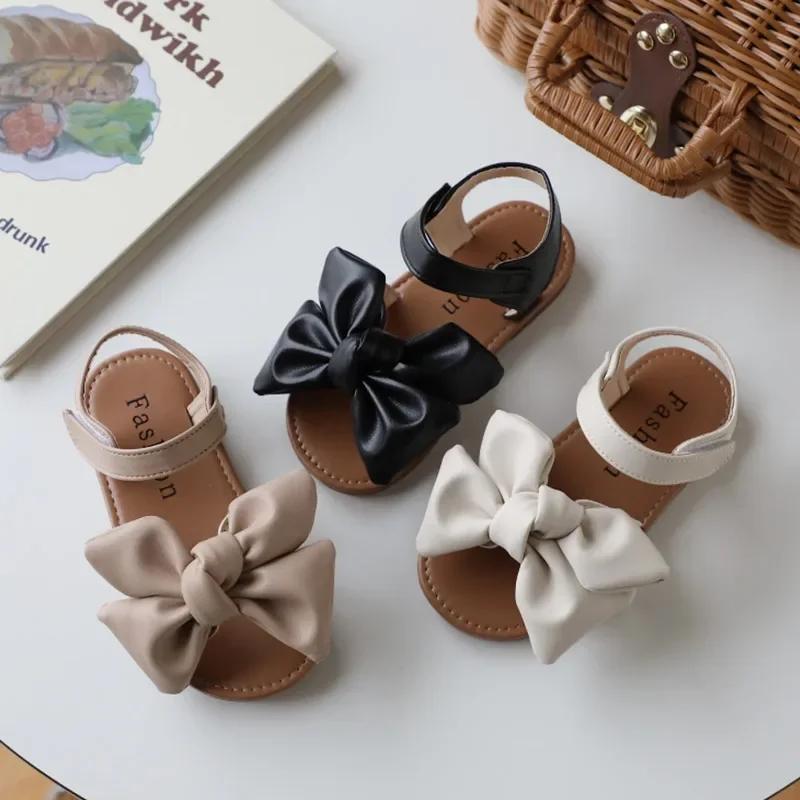 

Girl's Summer Sandals Beautiful Pu Leather Open Toe Children Sliders 21-30 Toddler Flexiable All-match Kids Flat Shoes