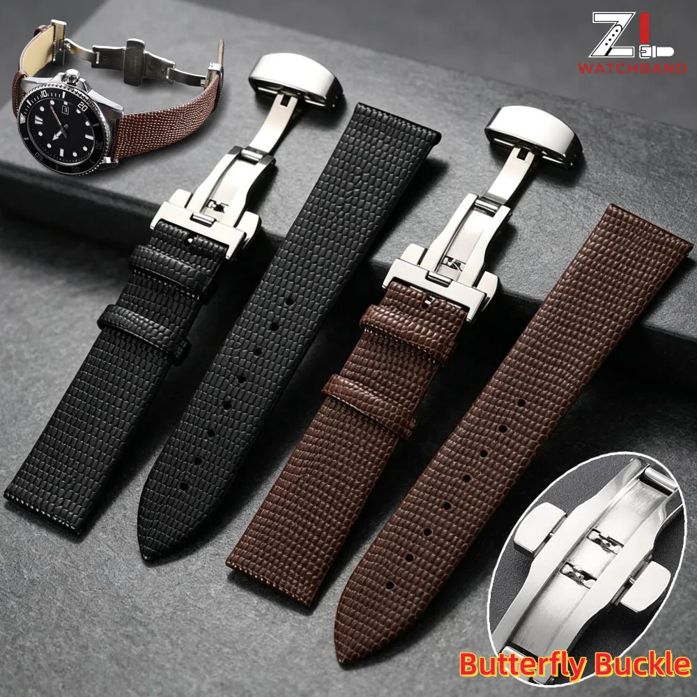 Lizard Print Leather Watch Strap 10mm 12mm 14mm 16mm 18mm 20mm 22mm Black Brown Watch Band Butterfly Buckle Universal Bracelets