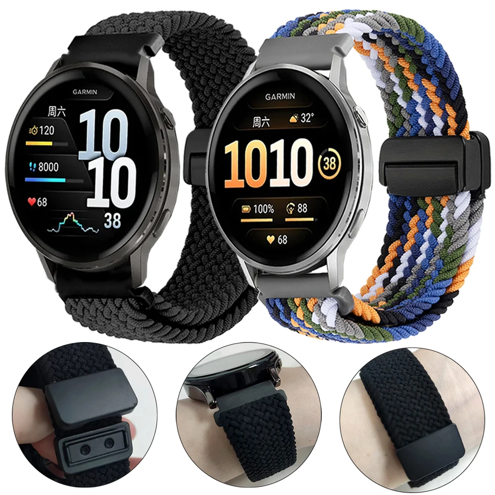 20/22 مللي متر حزام رياضي منسوج من النايلون للغارمين Venu 4 2 3 مربع شريط قابل للتنفس Forerunner 265 165 570 Vivoactive 6 حزام ساعة قابل للتمدد