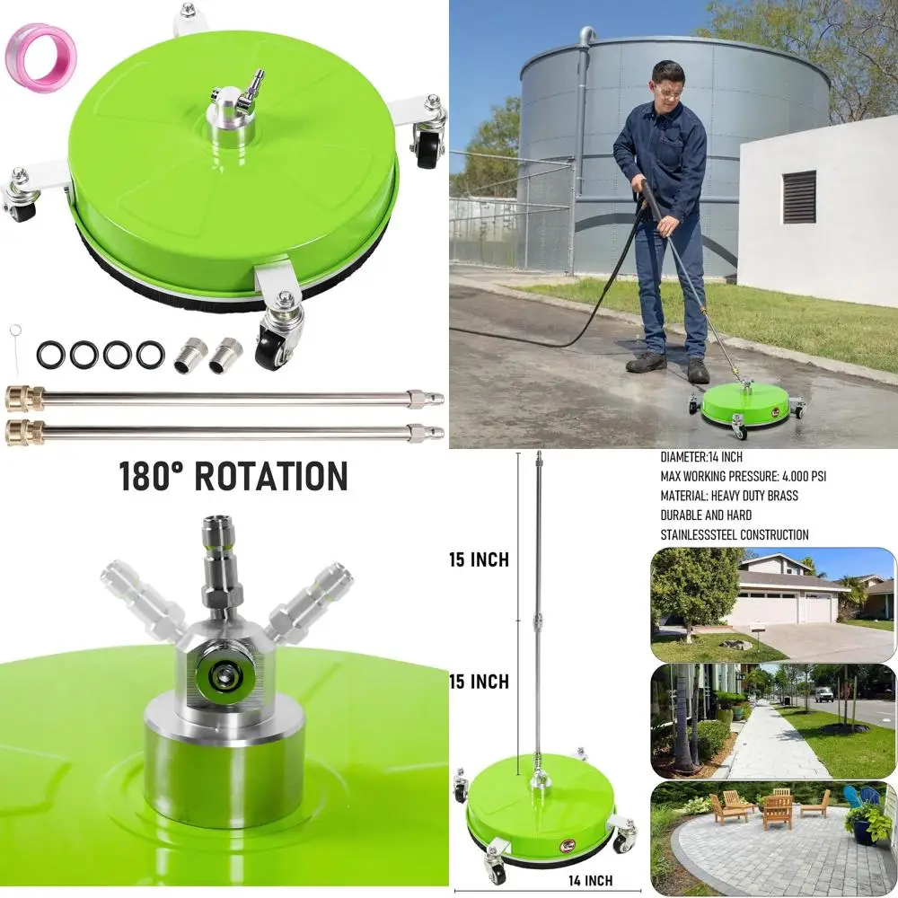 

14-дюймовый очиститель поверхностей из нержавеющей стали с зеленым покрытием, 4 колесами, удлинительной насадкой с быстрым соединением 1/4 дюйма, для мойки под давлением 4000 фунтов на кв. дюйм для очистки дорожных покрытий