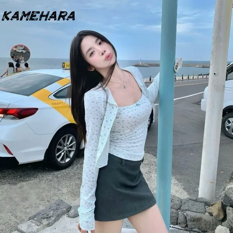 

KAMEHARA Korean Sweet Floral Spring Camisole Long Sleeved Cardigan Lazy Temperament Fashion Layered Top Two-piece Set ブラウス シフォン