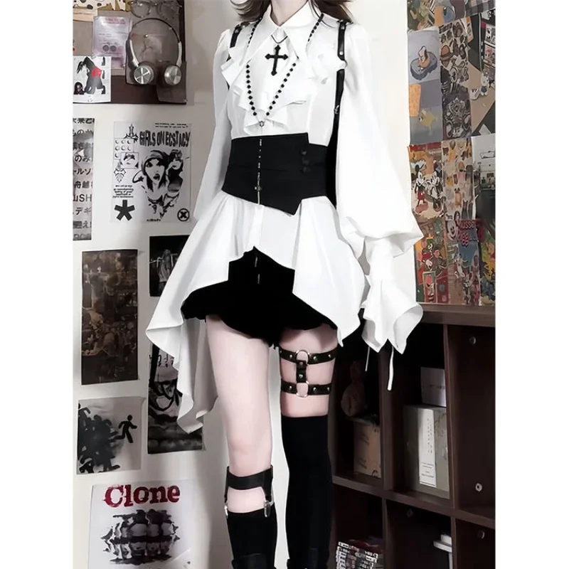 

Необычные белые рубашки, тонкая повязка, брючная юбка, викторианский винтажный костюм Y2k Лолиты, костюм на Хэллоуин, готический стиль, Лолита, комплекты из 3 предметов для женщин