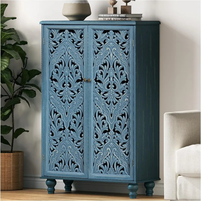 JOINICE Accent Cabinet with Carved Doors & Storage for Living Room,Blue Cabinet with Solid Wood Legs Farmhouse/Rustic Style