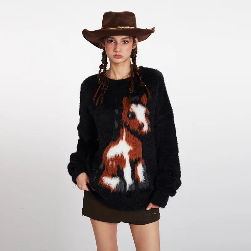 السنة الجديدة للحصان الخريف والشتاء الجديدة الموهير فضفاضة متماسكة سترة جولة الرقبة البلوز كسول ملابس خارجية سترة