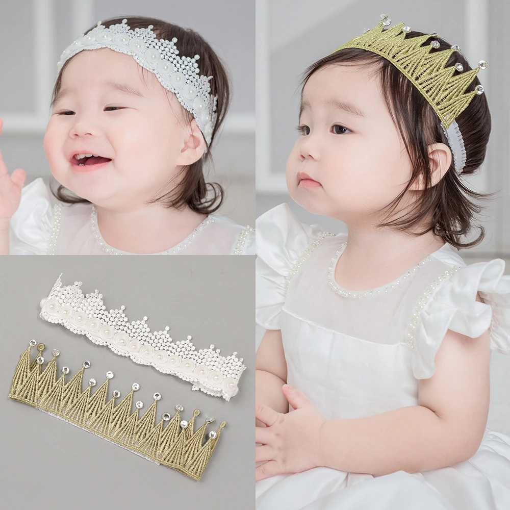 Baby Headband Crown Birthday Party Girl Pearl Lace Newborn Kids Children Rubber Bandage Hair Accessory Hairbands Photography