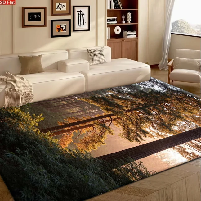 Sunlight Misty Pine Forest Carpet Flooring, Nature Woodland Scenery Non-Slip Floor Rug for Living Room Bedroom Home Decoration