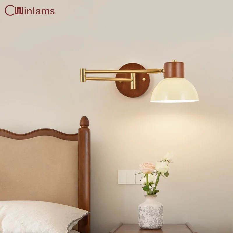 Ancient Hotel Bedroom Bedside Wall Lamp Rocker Arm Lamp Cream Wind Folding Telescopic Study Reading Wall Lamp