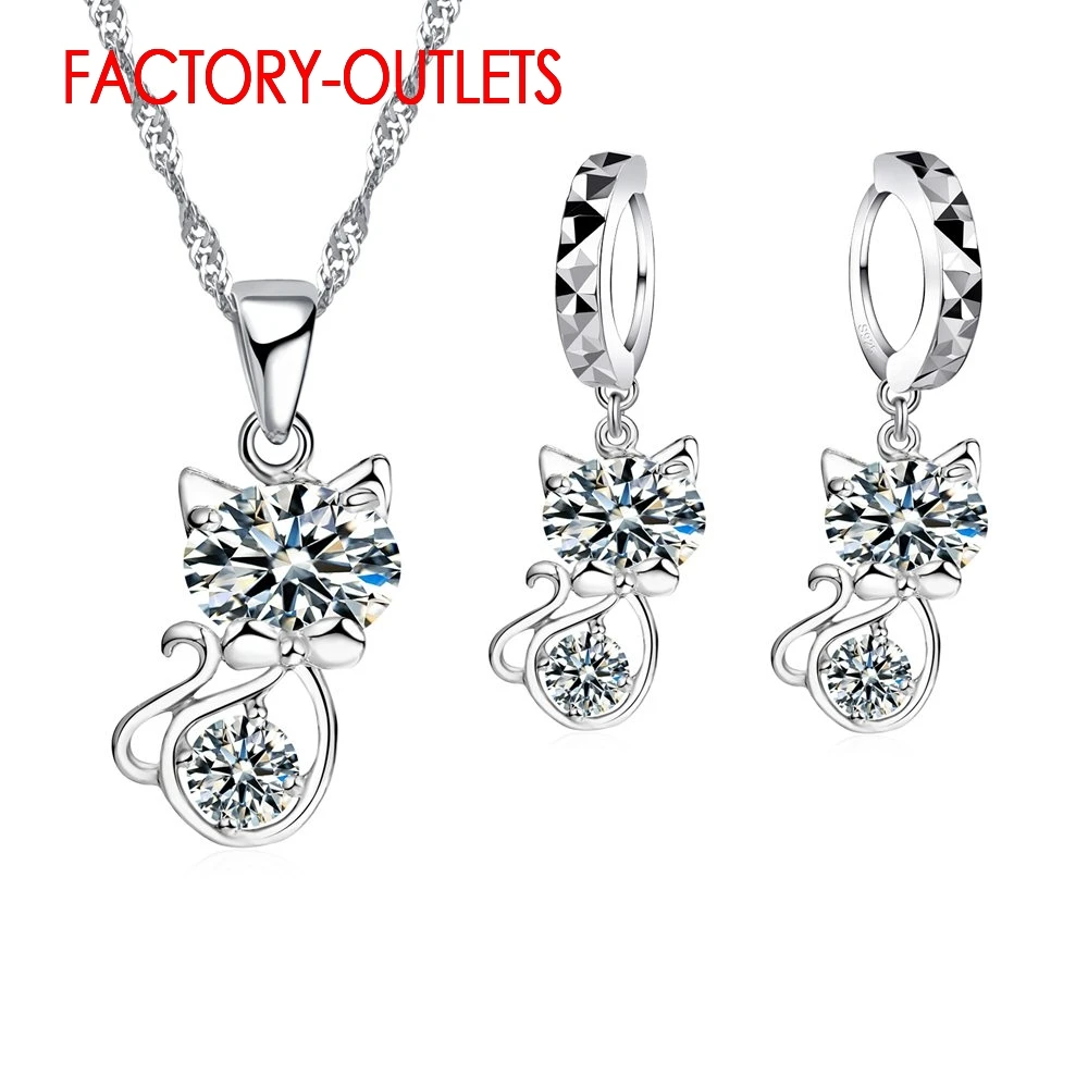 Genuine 925 Sterling Silver Cubic Zirconia Wedding Jewelry Sets CZ Crystal Cute Animal Cat Necklace Earrings Female Club Party