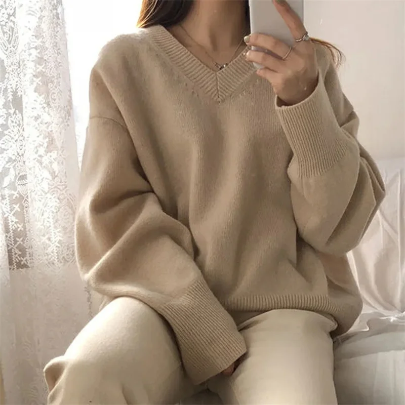 Elegant Simple Solid Knitting Pullover Sweater Women Casual Loose V-neck Oversized Sweater Female All-match Long Sleeve Jumpers