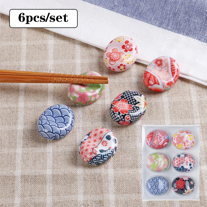 6pcs Japanese Ceramic Chopstick Holders Rack With Floral Patterns Spoon Fork Tableware Ornament Pen Holder Pea Shape Table Decor