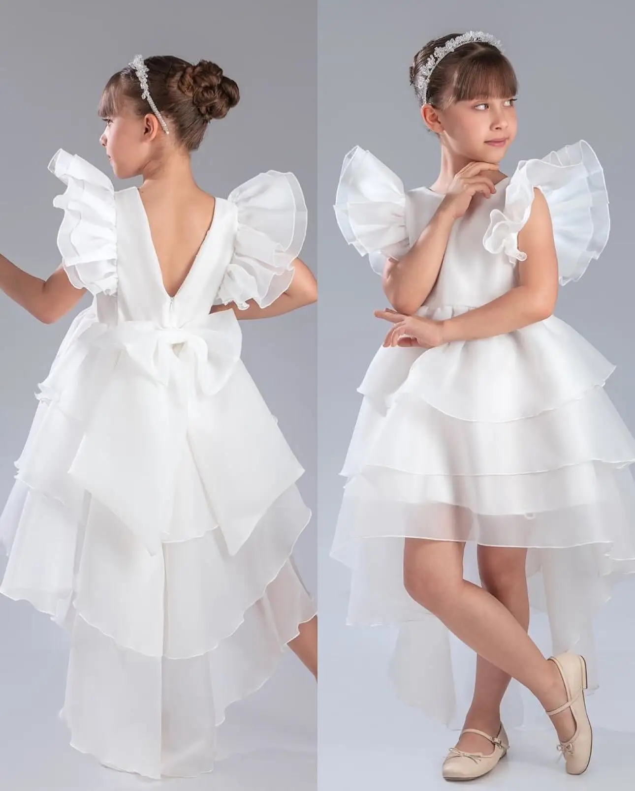 세련된 부드러운 오간자 공주 꽃 소녀 드레스 사랑스러운 플라잉 슬리브 보우 러플 투투 드레스 화려한 생일 파티 볼 가운