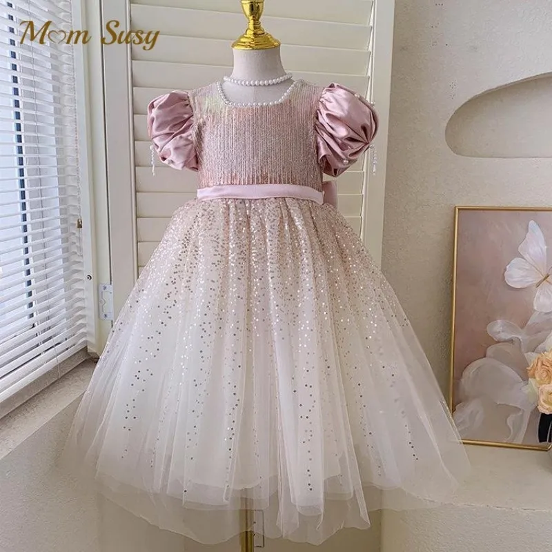 Baby Girl Princess Sequins Tutu Dress Puff Sleeve Infant Toddler Child Pearl Bow Tulle Vestido Party Birthday Baby Clothes 1-7Y