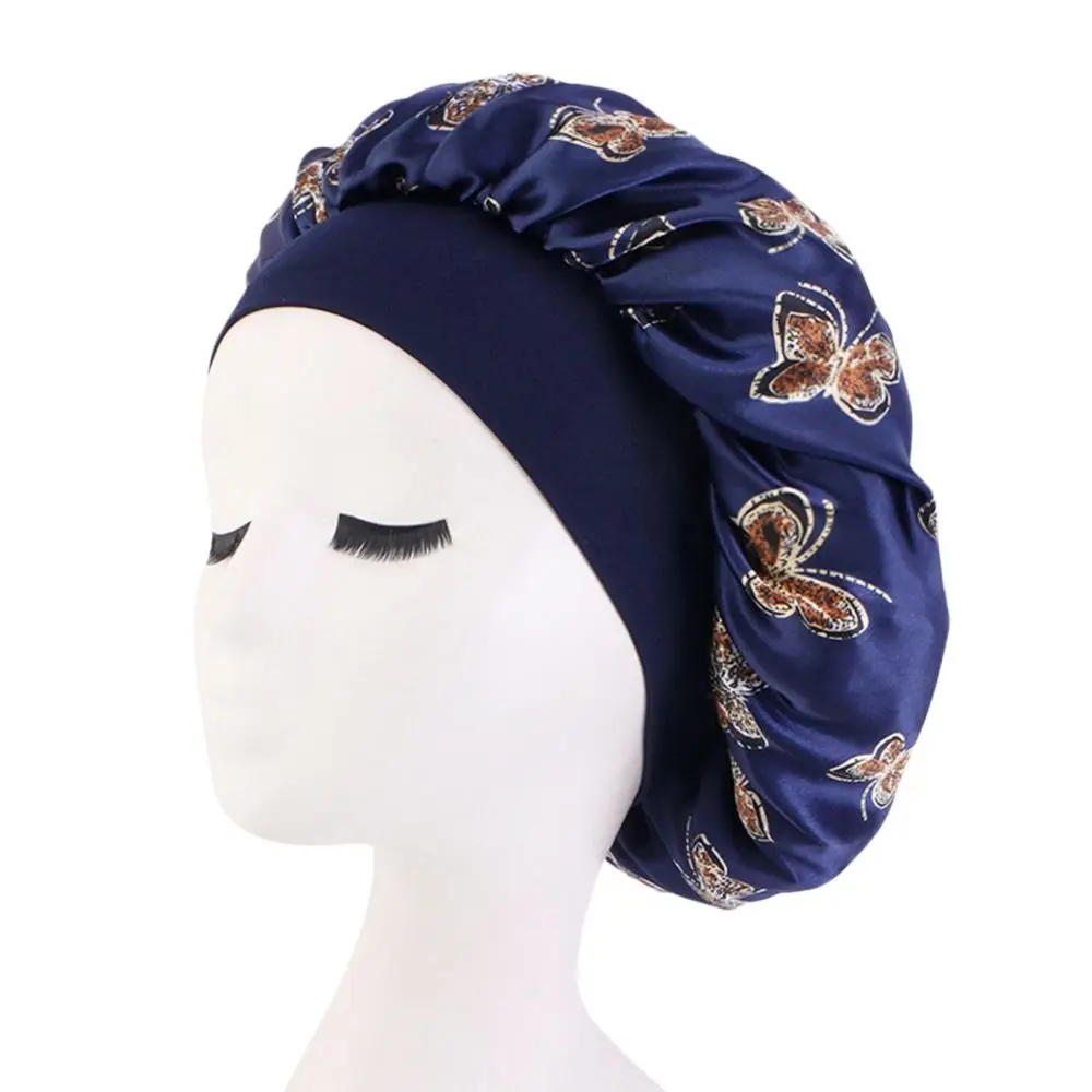 Fashion Butterfly Print Sleeping Cap Wide Brim Hair Care Night Cap Skin-caring Satin Turban Hat for Women