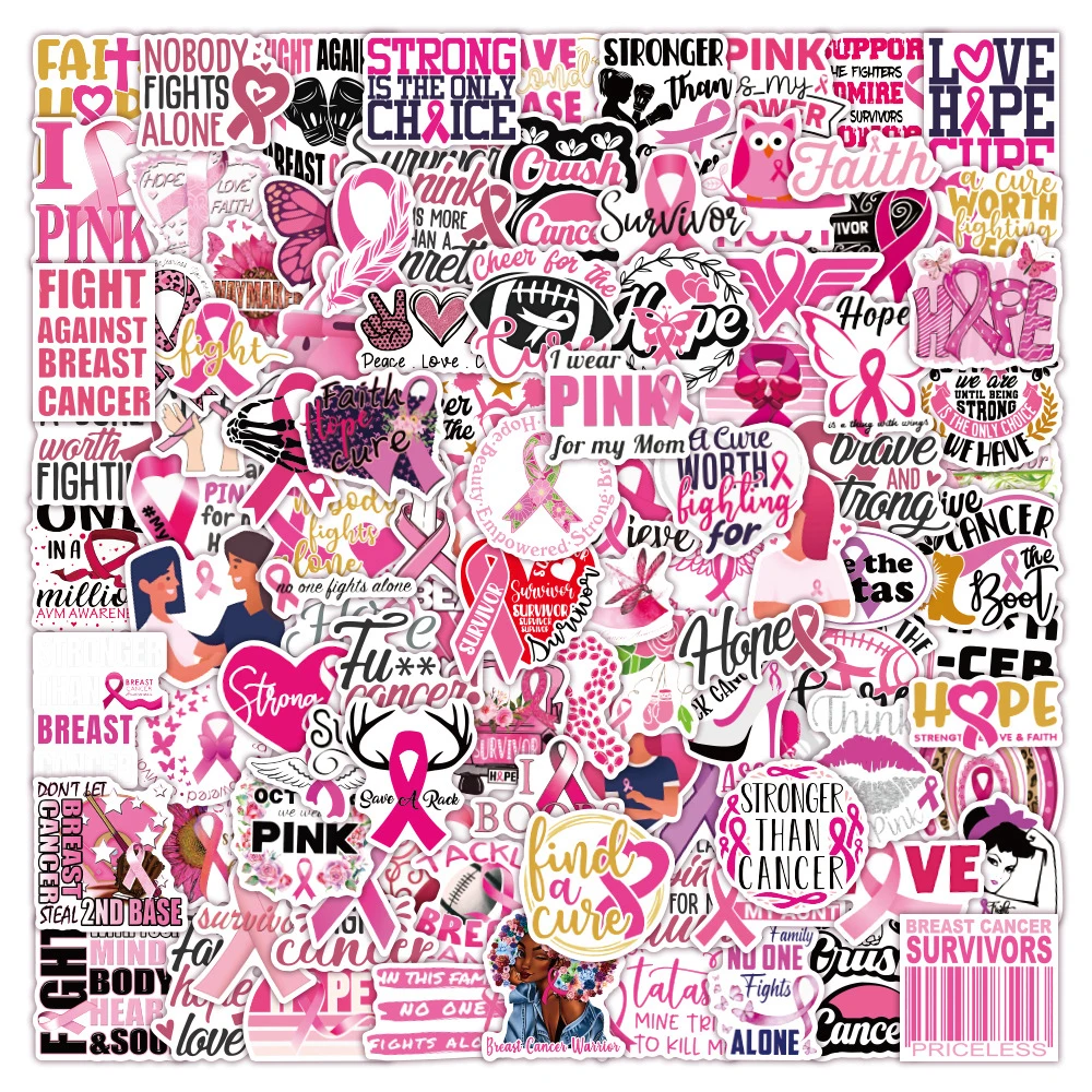 10/30/50/100pcs Breast Cancer Awareness Stickers Pink Ribbon Waterproof Decal Skateboard Scrapbook Laptop Phone Sticker Kid Toy