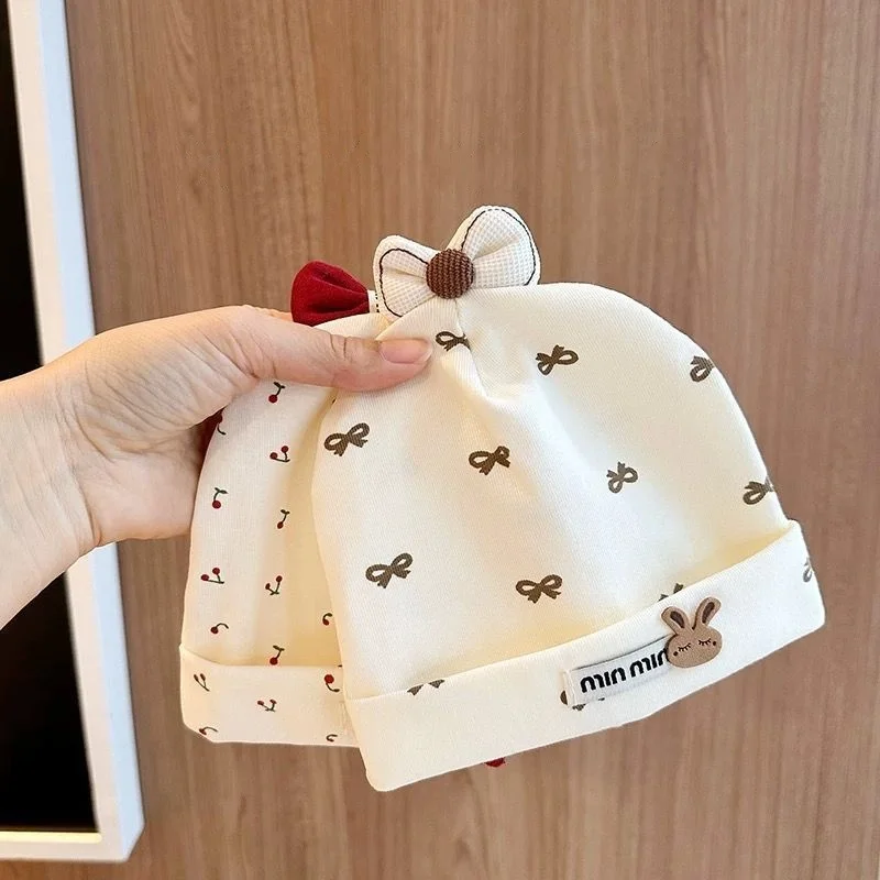 Neugeborenen Baby Fetal Hut Weiche Baumwolle Infant Elastische Pullover Kappe Süße Nette Kirsche Schleife Herz Druck Baby Junge Mädchen Beanie 1-12 monate