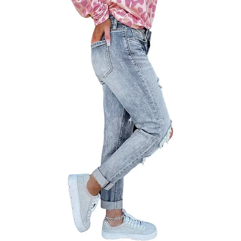 Women's Vintage Oversized Distressed Stretch Denim Pants 2024 Fashion Ripped Boyfriend Mid Waist Skinny Classic Jeans Streetwear