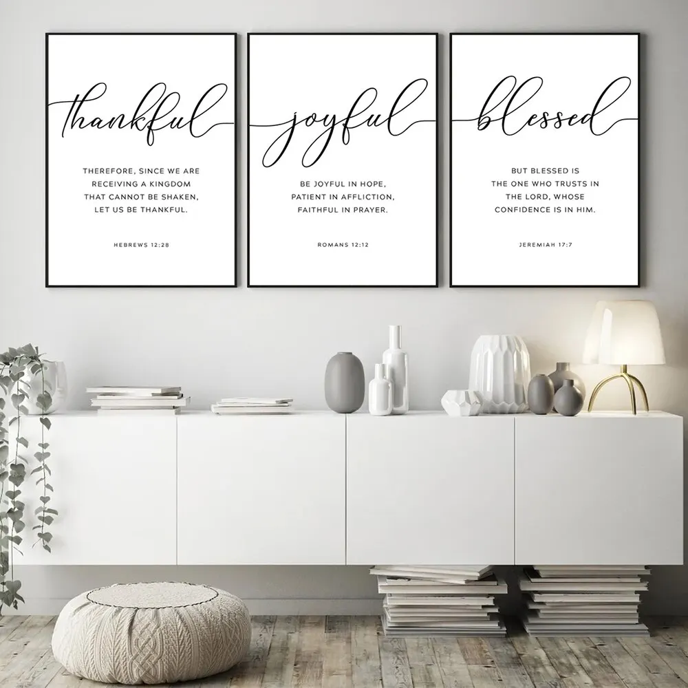 3pcs/Set Hebrews 12:28 Thankful Joyful Blessed Bible Verse Scripture Wall Art Canvas Painting Posters For Living Room Home Decor