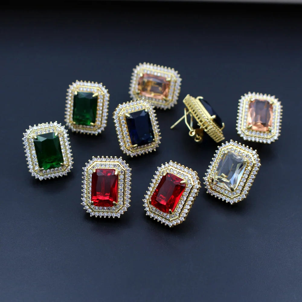 

6pair Quality Colors Clear White Blue CZ Zircon Rectangle Earrings Post Silver Gold Plated Copper Studs For DIY Women Earrings