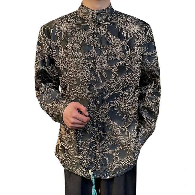 

Vintage Chinese-inspired Jacquard Shirt with 3D Textured Pattern, Mandarin Collar & Frog Buttons