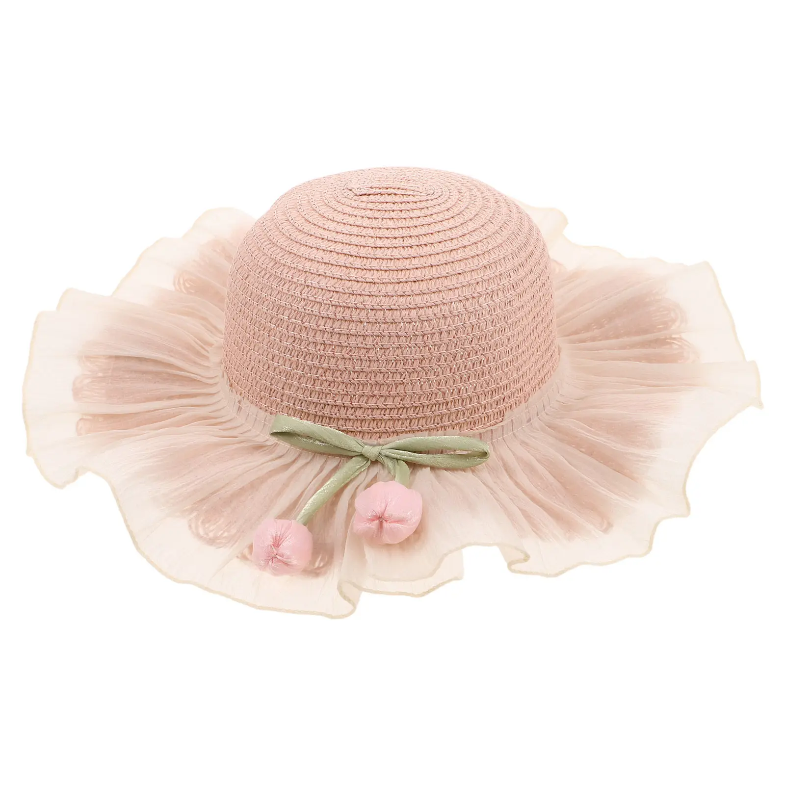 Girl Summer Straw Sun Hat Breathable Wide Brim Adjustable Strap Beach Bucket Hat Kids Sun Protection Cute Outdoor Headwear