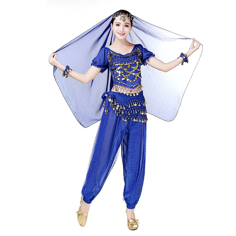 

2Pcs Women Sequin Belly Dance Costume Set Adjustable Top+Lantern Pants Lady Eastern Indian Dance Performance Practice Suit